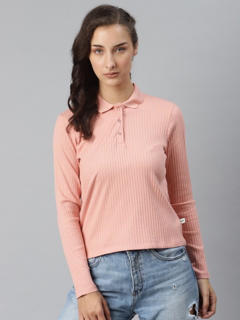 

The Roadster Lifestyle Co Women Peach-Coloured Ribbed Polo Collar T-shirt