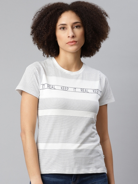 

Roadster Women White & Black Striped Pure Cotton The Essential T-shirt