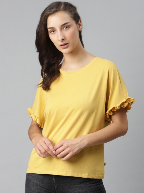 

Roadster Yellow Solid Lettuce Sleeves Loose Fit Pure Cotton Top