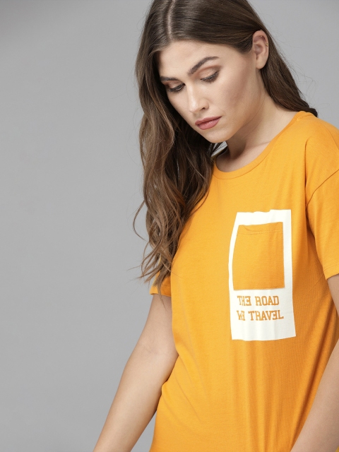 

Roadster Women Yellow Printed Round Neck Pure Cotton T-shirt