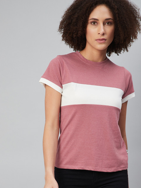 

Roadster Women Mauve & White Colourblocked T-shirt