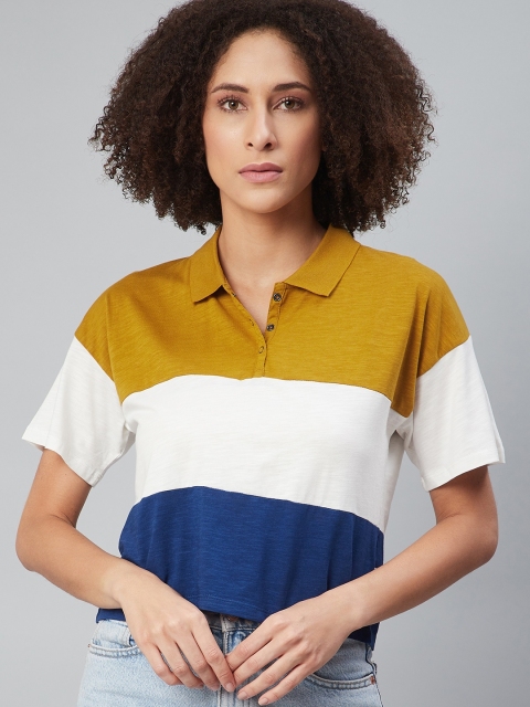 

The Roadster Lifestyle Co Women White & Olive Green Colourblocked Polo Collar Drop-Shoulder Sleeves T-shirt
