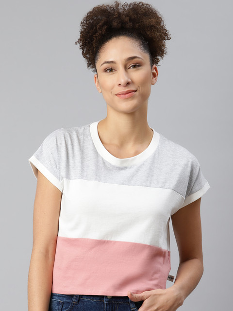 

Roadster Women White & Pink Born to Roam Colourblocked Pure Cotton T-shirt