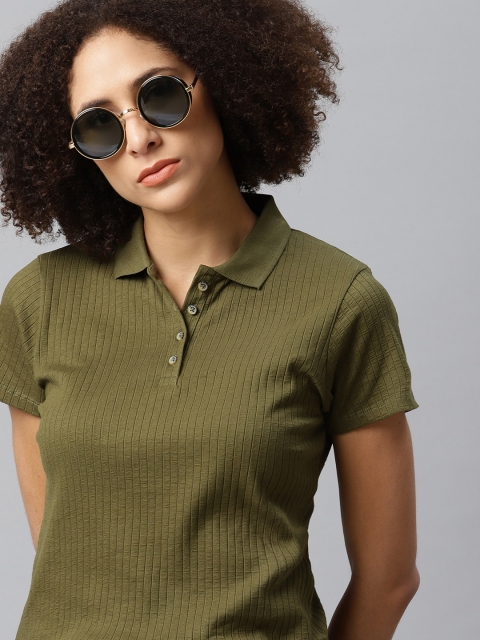 

Roadster Women Olive Green Striped Polo Collar T-shirt