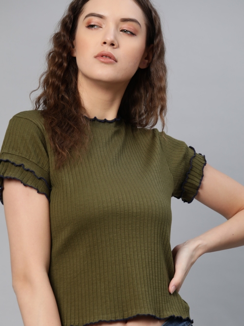 

Roadster Women Olive Green Ribbed Layered Sleeves Cropped T-shirt