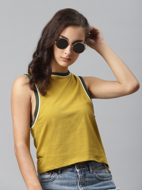 

Roadster Women Green Solid Pure Cotton Big Armholes Cropped T-shirt