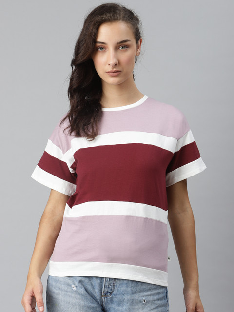 

The Roadster Lifestyle Co Women Pink & Burgundy Colourblocked Pure Cotton Round Neck T-shirt