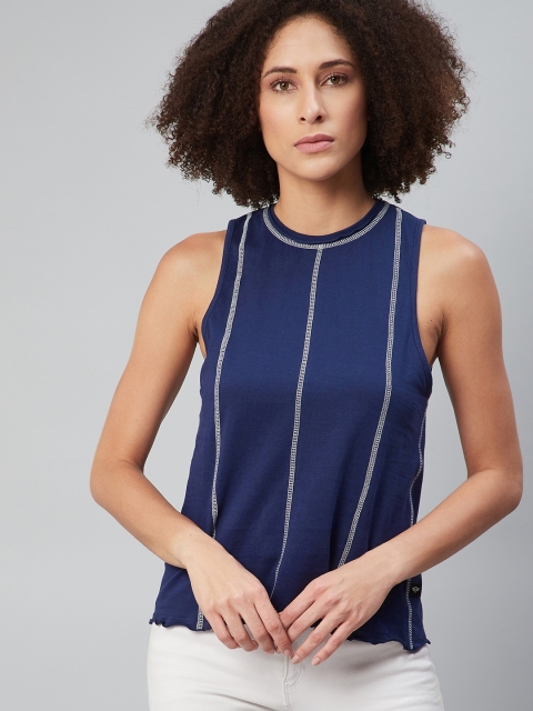 

Roadster Women Navy Blue Striped Round Neck Pure Cotton T-shirt