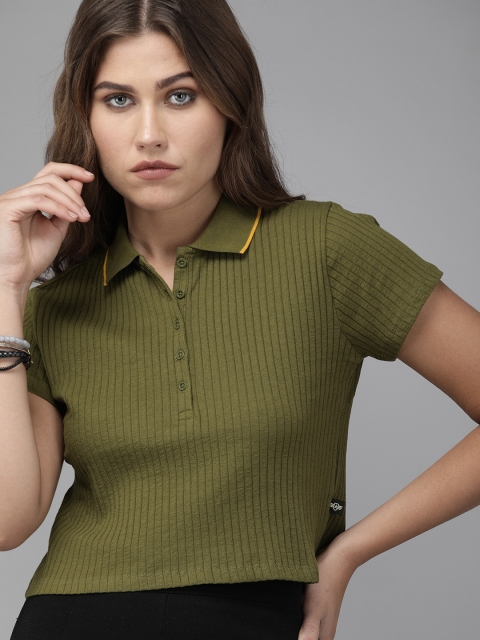 

The Roadster Lifestyle Co Women Olive Green Solid Polo Collar T-shirt