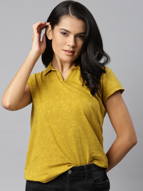 

Roadster Women Mustard Yellow Dyed Pure Cotton Spread Collar T-shirt