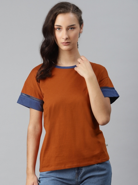

Roadster Women Rust Orange Solid Ladder Lace Pure Cotton T-shirt