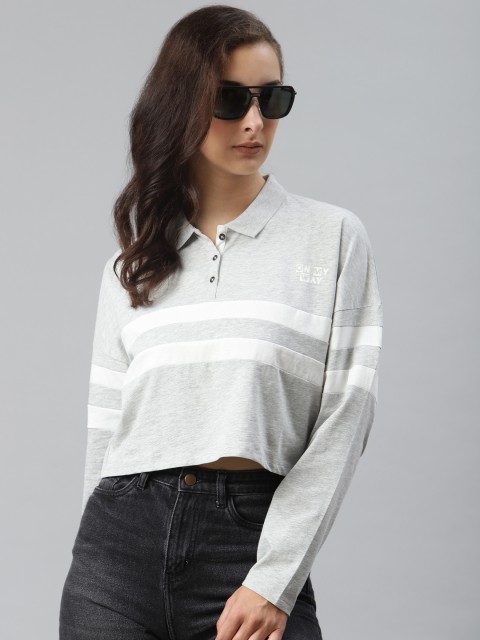 

Roadster Women Grey Melange Striped Polo Collar Cropped T-shirt