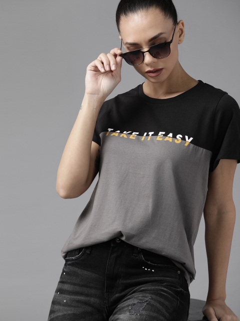

The Roadster Lifestyle Co Women Black Grey Colourblocked Pure Cotton T-shirt