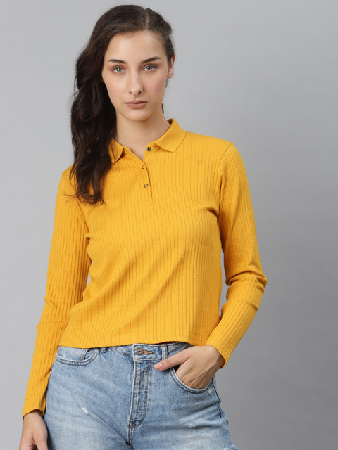 

Roadster Women Mustard Yellow Ribbed Polo Collar T-shirt