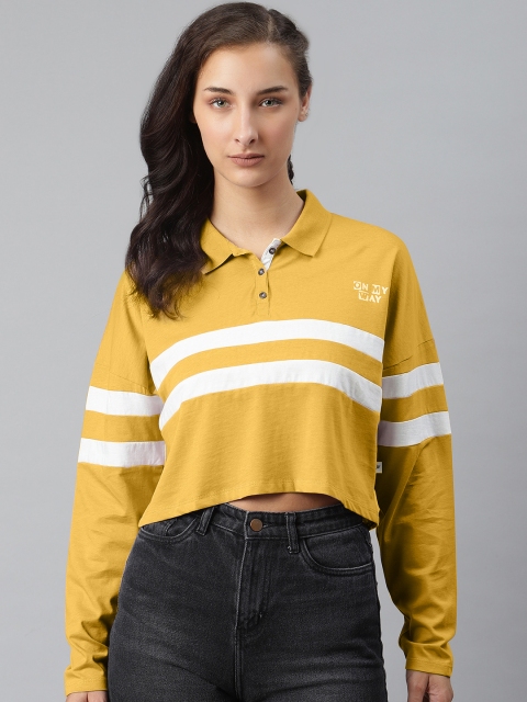 

Roadster Women Mustard Yellow & White Cotton Striped Polo Collar Cropped T-shirt