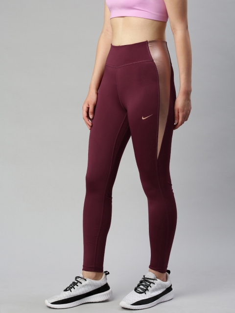 

Nike Women Maroon Solid Dri-Fit One Training Tights With Printed Detailing