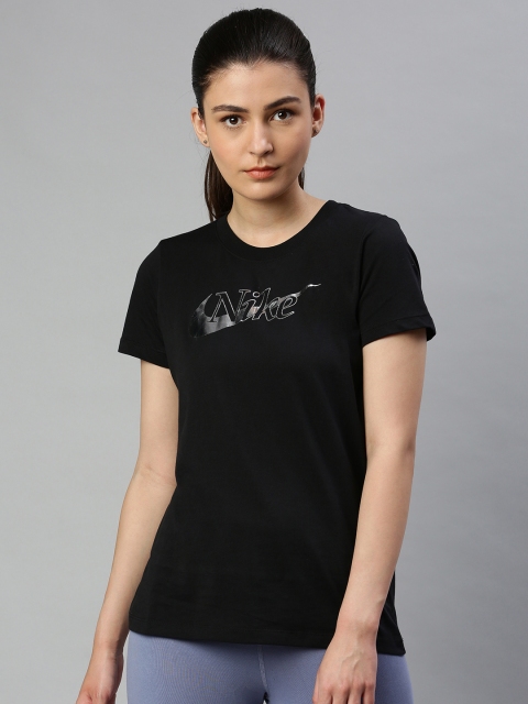 

Nike Women Black Standard Fit Logo Printed ICON CLASH 1 Dri-FIT Round Neck Pure Cotton T-shirt