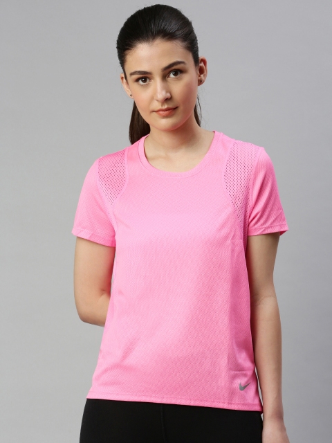 

Nike Women Pink Standard Fit Self Design Dri-FIT Round Neck SS Running T-shirt