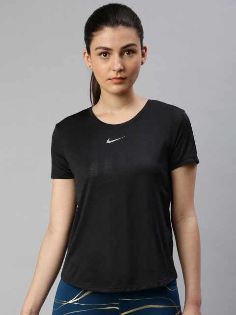 

Nike Women Black Standard Fit Self Design Dri-FIT Round Neck SS Running T-shirt