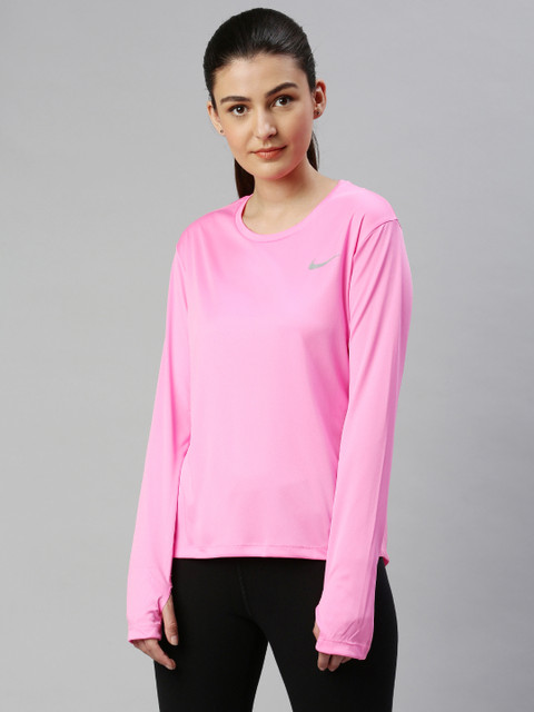 

Nike Women Pink Standard Fit Solid REFLECTIVE SILV Dri-FIT Round Neck Running T-shirt