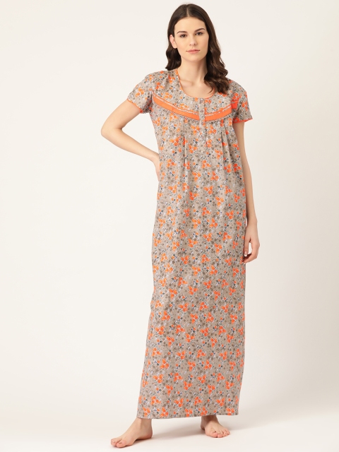 

Sweet Dreams Grey & Orange Floral Printed Pure Cotton Maxi Nightdress