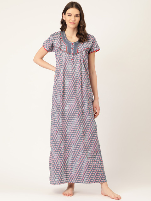 

Sweet Dreams Blue & Red Printed Pure Cotton Maxi Nightdress
