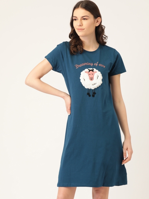 

Sweet Dreams Women Teal Blue Applique Nightdress