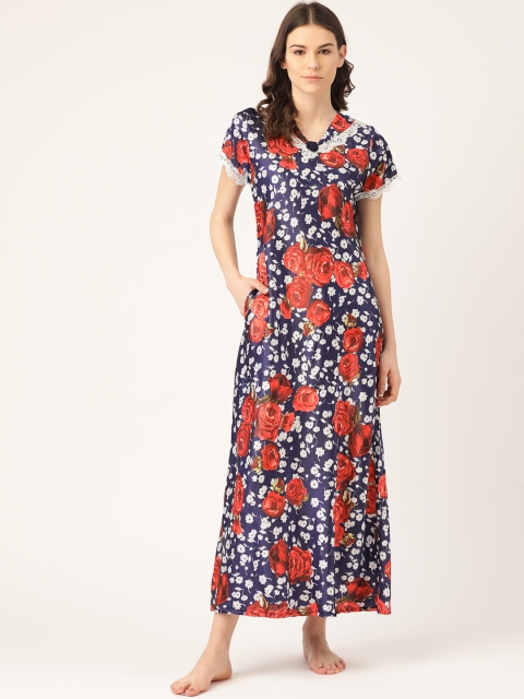 

Sweet Dreams Navy Blue & Red Floral Print Maxi Nightdress with Satin Finish