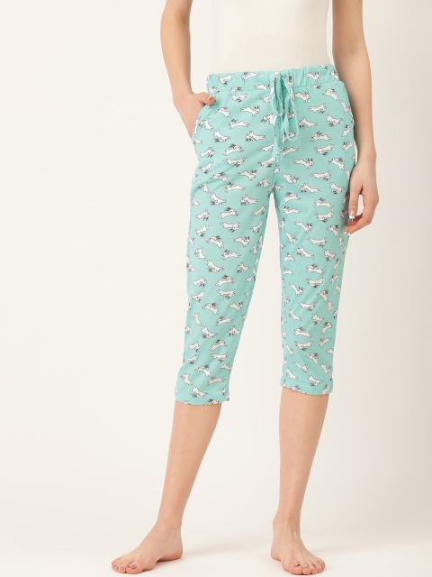 

Sweet Dreams Women Sea Green & White Cat Printed Pure Cotton Regular Fit Lounge Capris