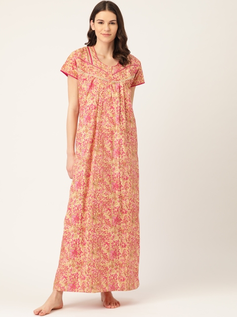 

Sweet Dreams Cream-Coloured & Pink Floral Printed Pure Cotton Maxi Nightdress