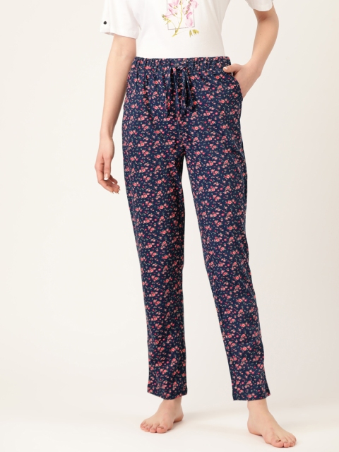 

Sweet Dreams Navy Blue & Pink Floral Printed Pure Cotton Lounge Pants