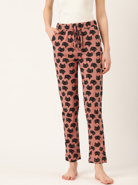 

Sweet Dreams Peach-Coloured & Black Cat Printed Pure Cotton Lounge Pants