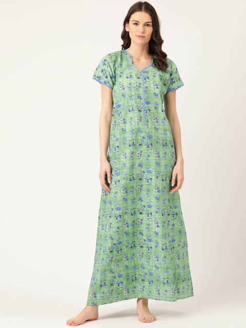 

Sweet Dreams Green & Blue Floral Printed Pure Cotton Maxi Nightdress