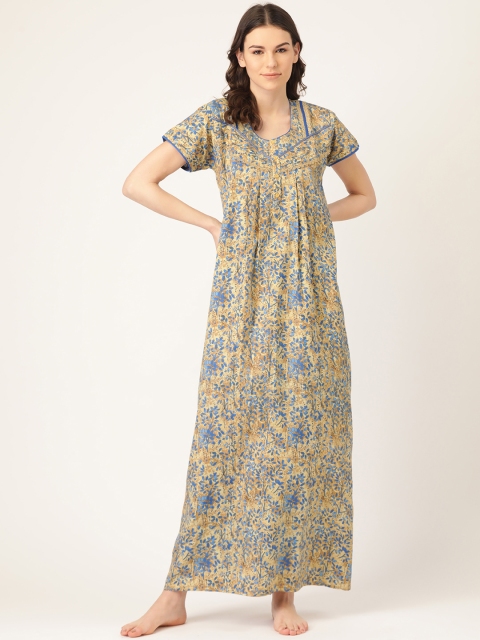 

Sweet Dreams Beige & Blue Floral Print Maxi Nightdress