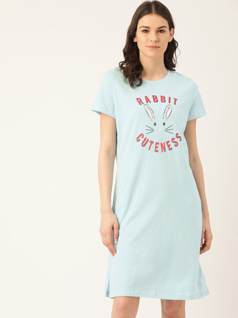 

Sweet Dreams Women Blue & Red Bunny Embroidered & Typography Print Sleep Shirt