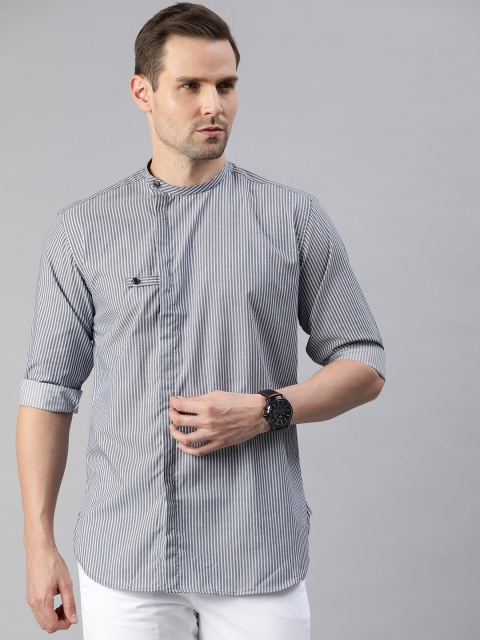 

V Dot Men Grey & White Striped Straight Kurta