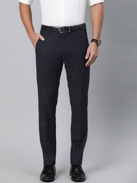 

Van Heusen Men Navy Blue & Off-White Slim Fit Checked Formal Trousers