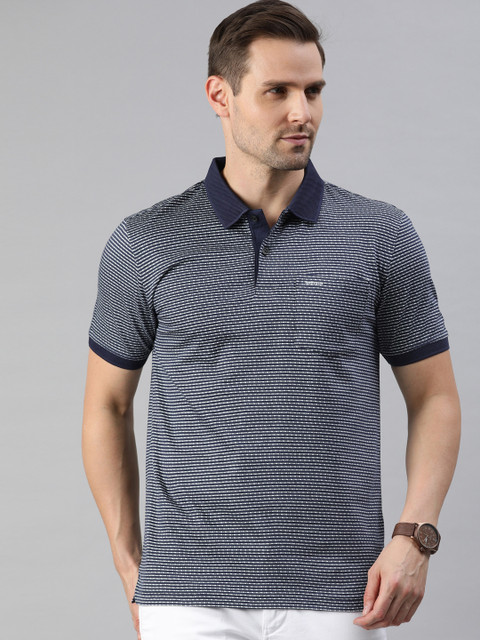 

Van Heusen Men Navy Blue Striped Polo Collar T-shirt