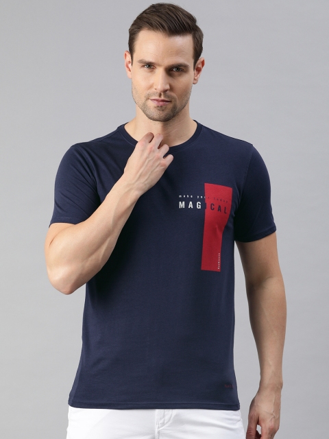

V Dot Men Navy Blue Solid Round Neck T-shirt With Printed Detailing