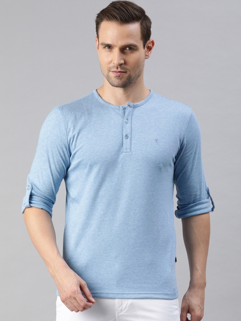 

V Dot Men Blue Solid Henley Neck Pure Cotton T-shirt
