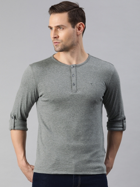 

V Dot Men Grey Melange Solid Henley Neck Roll-up Sleeves Pure Cotton T-shirt