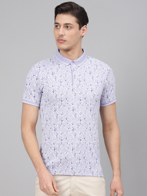 

V Dot Men Lavender & White Floral Printed Polo Collar T-shirt