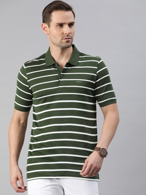 

Van Heusen Men Olive Green White Striped Polo Collar Pure Cotton T-shirt