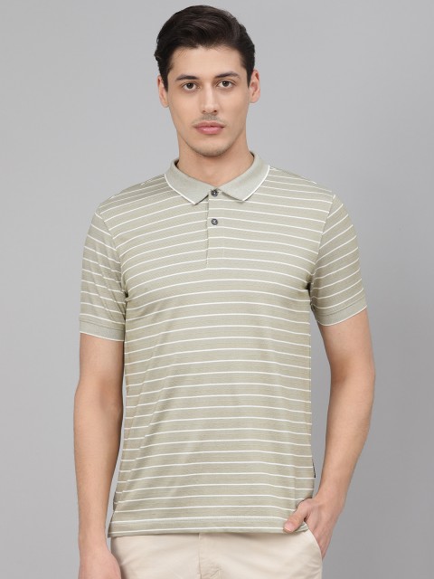 

Van Heusen Men Green & White Striped Cotton Polo Collar T-shirt
