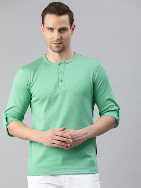 

V Dot Men Green Solid Henley Neck Roll-up Sleeves Pure Cotton T-shirt