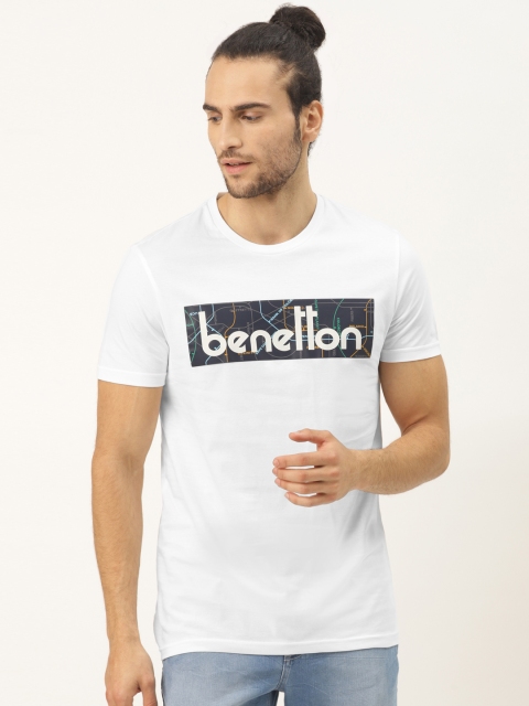 

United Colors of Benetton Men White Printed Round Neck Pure Cotton T-shirt
