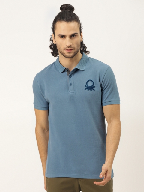 

United Colors of Benetton Men Blue Solid Pure Cotton Polo Collar Pure Cotton T-shirt With Applique