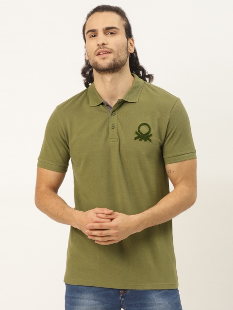 

United Colors of Benetton Men Olive Green Solid Pure Cotton Polo Pure Cotton T-shirt With Applique