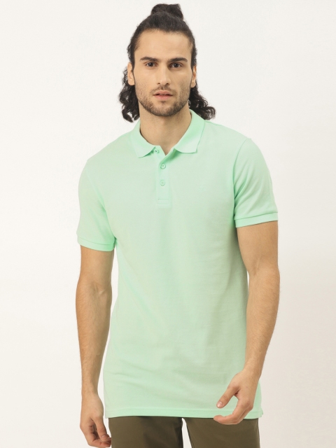 United Colors of Benetton Men Sea Green Solid Pure Cotton Polo Collar T-shirt