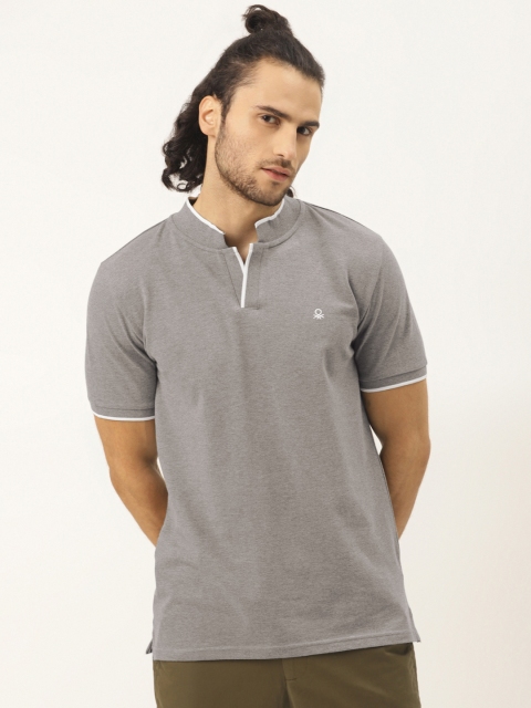 

United Colors of Benetton Men Grey Melange Solid Mandarin Collar T-shirt